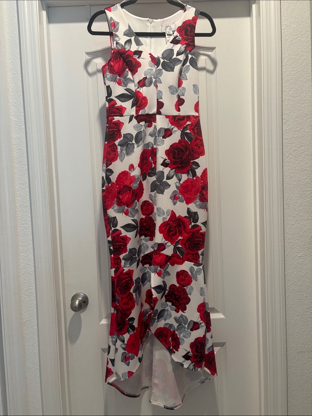 Sweet Storm White Floral High-Low Maxi Dress with Red Roses